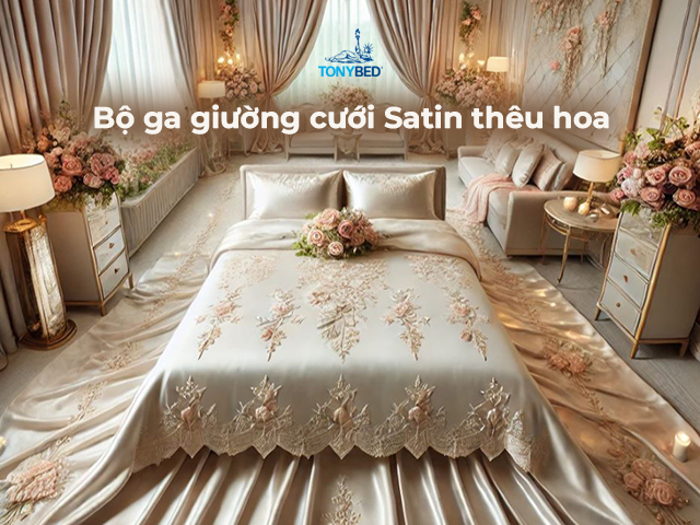 Ga giuong cuoi Satin theu hoa