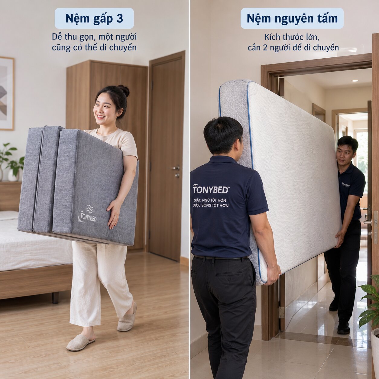 So sánh khả năng di chuyển của nệm gấp và nệm nguyên tấm
