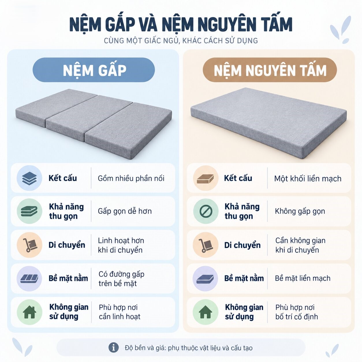 So sánh nệm gấp và nệm nguyên tấm theo các tiêu chí chính