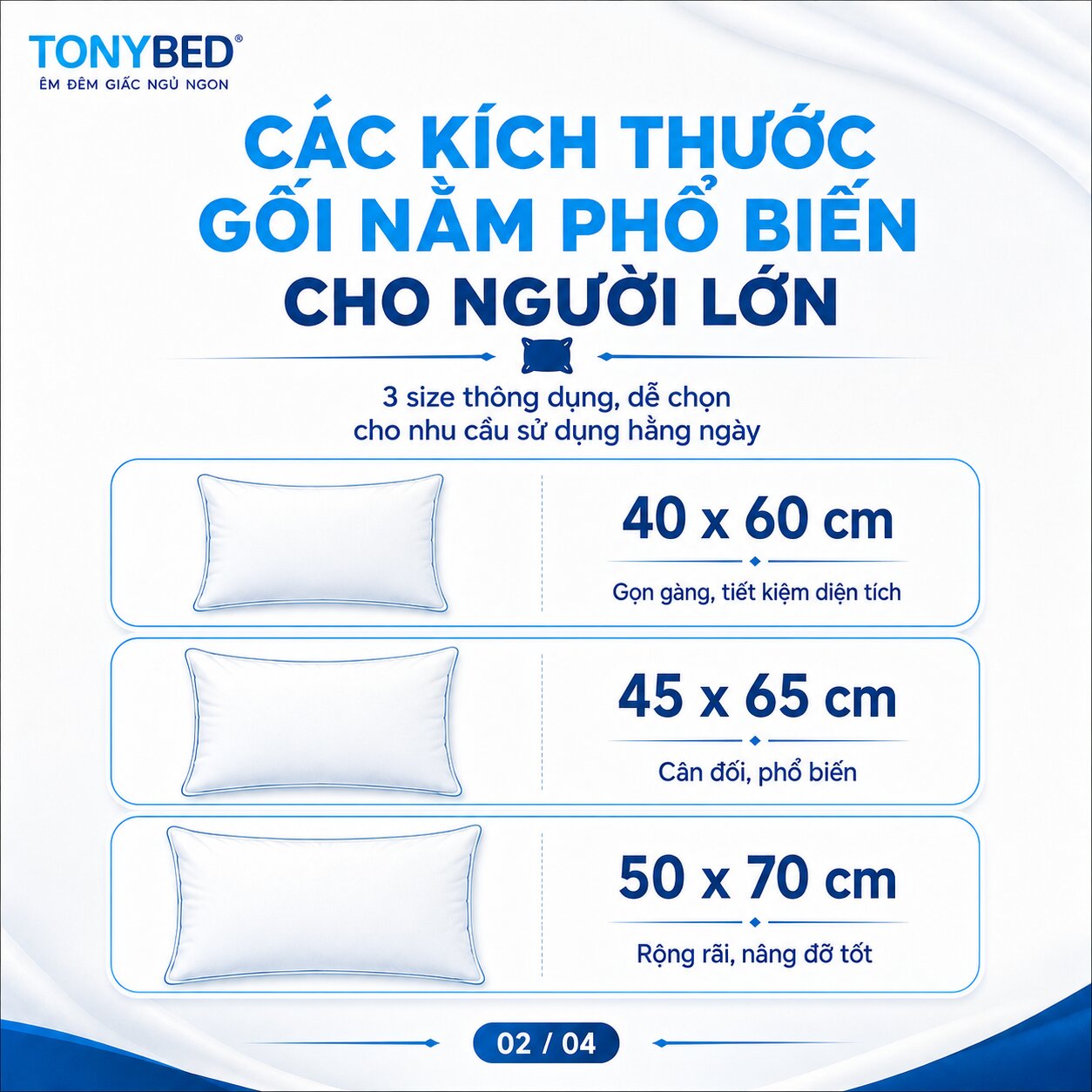 Các kích thước gối nằm phổ biến cho người lớn