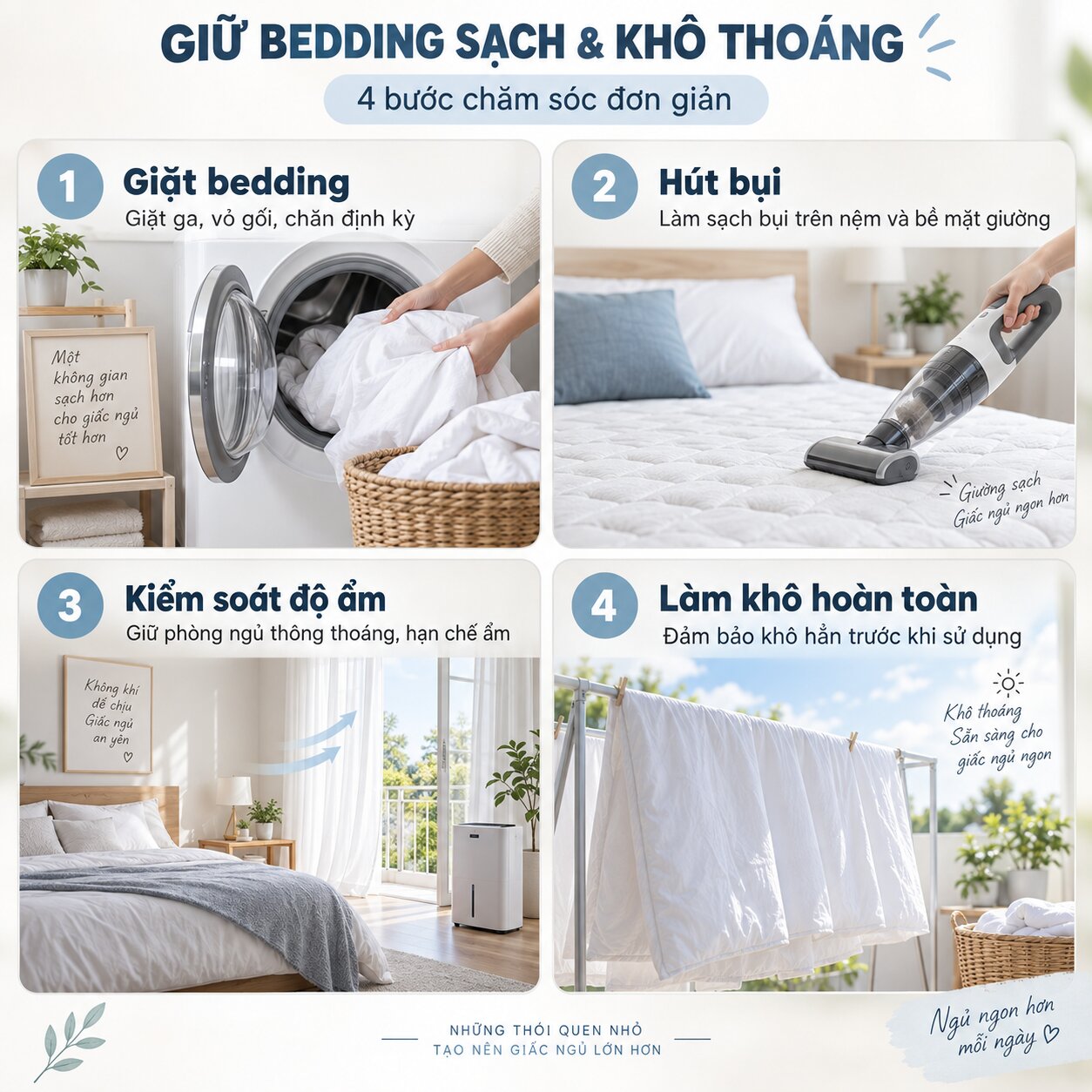 cách hạn chế mạt bụi trên chăn ga gối nệm