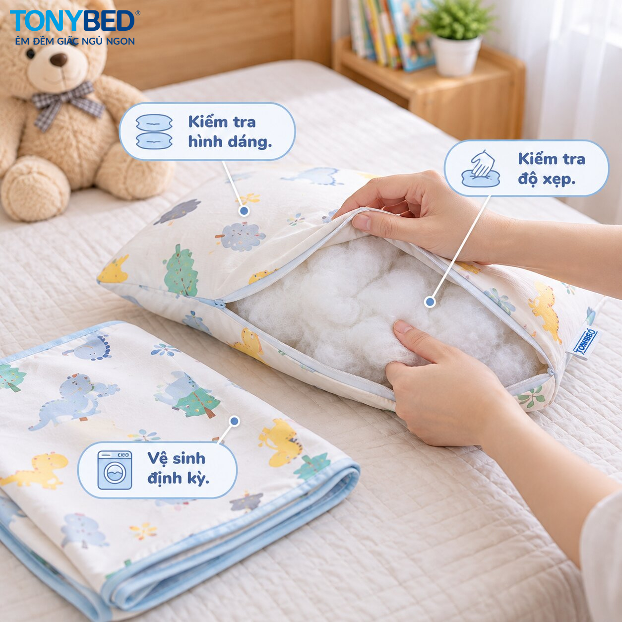 kiểm tra và vệ sinh gối trẻ em định kỳ