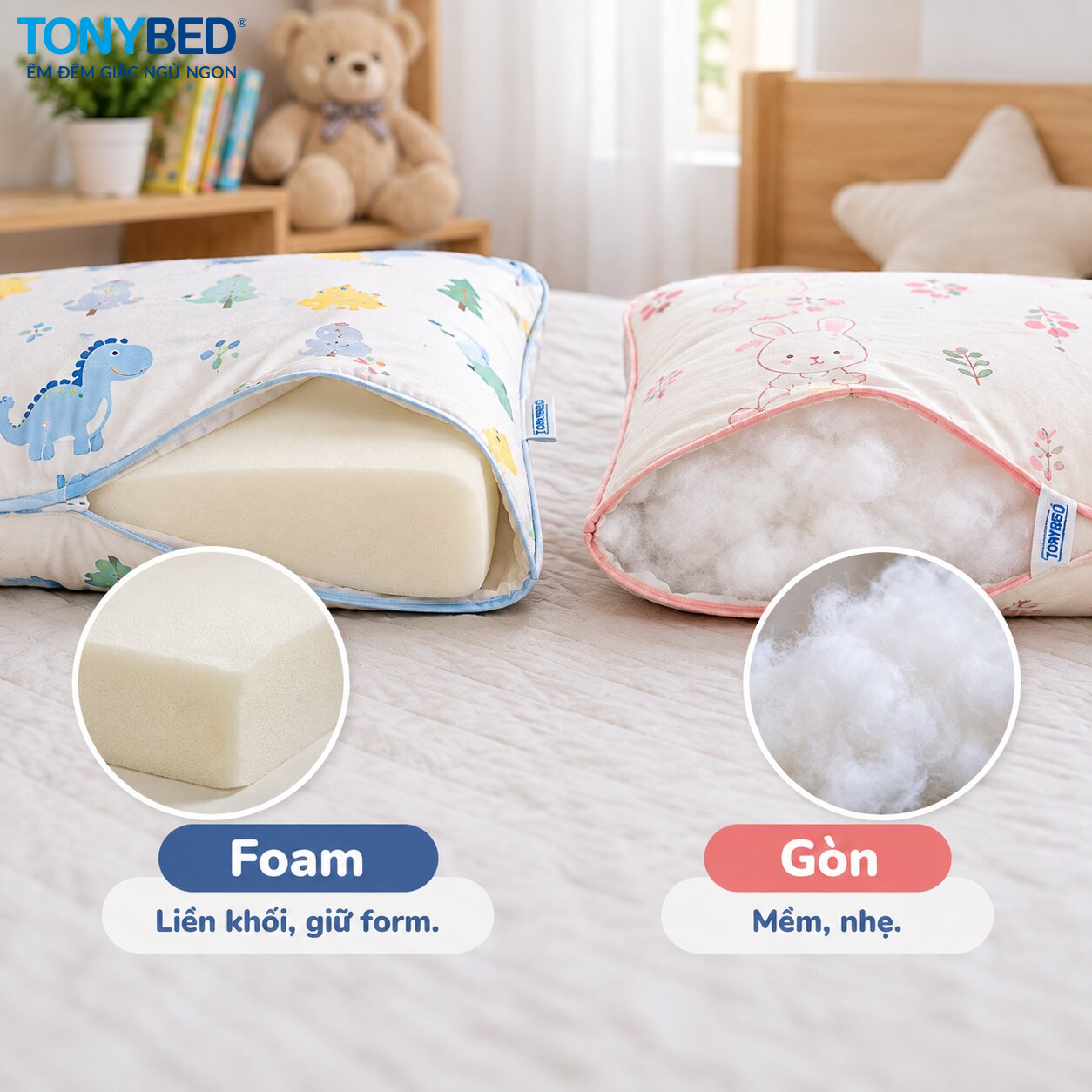 so sánh cấu tạo gối foam và gối ruột gòn