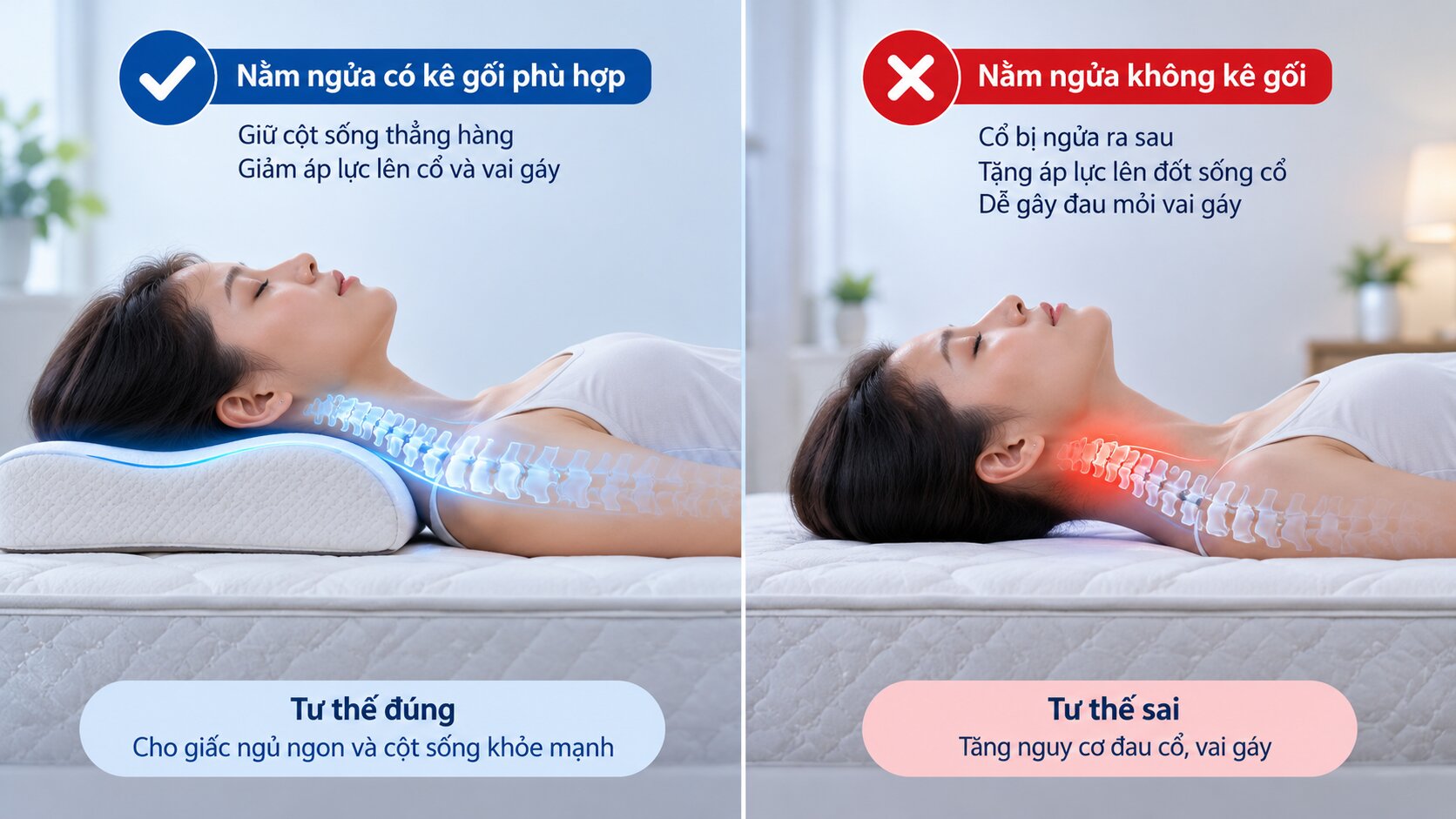 So sánh tư thế cột sống cổ khi ngủ có gối và ngủ không kê gối