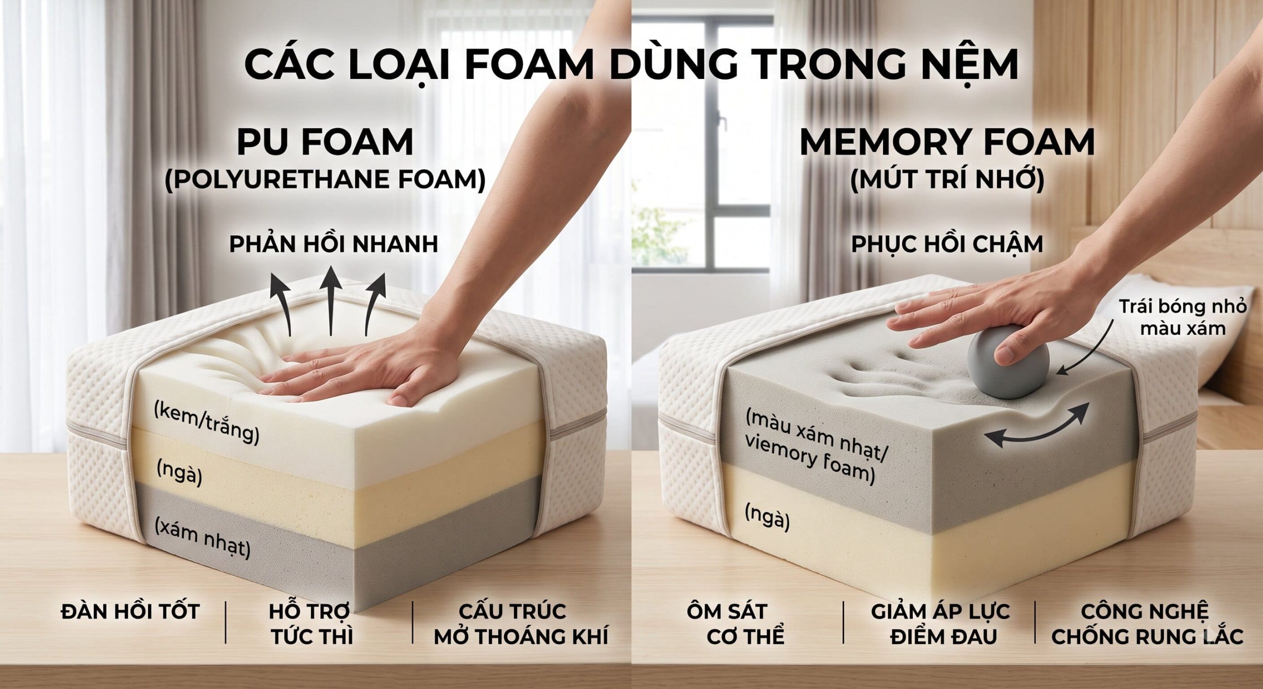 Các loại Foam dùng trong nệm gồm PU Foam và Memory Foam
