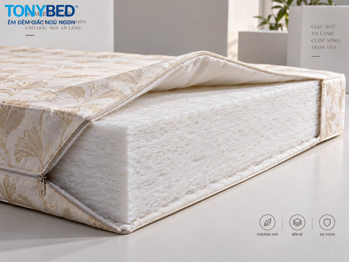 Cấu tạo nệm bông ép gồm phần áo nệm bảo vệ và lõi polyester ép nhiệt