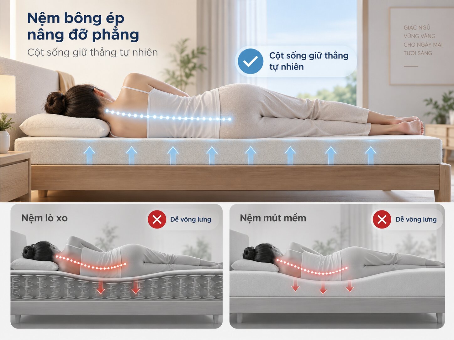 Đặc điểm của nệm bông ép là bề mặt chắc chắn, độ lún thấp