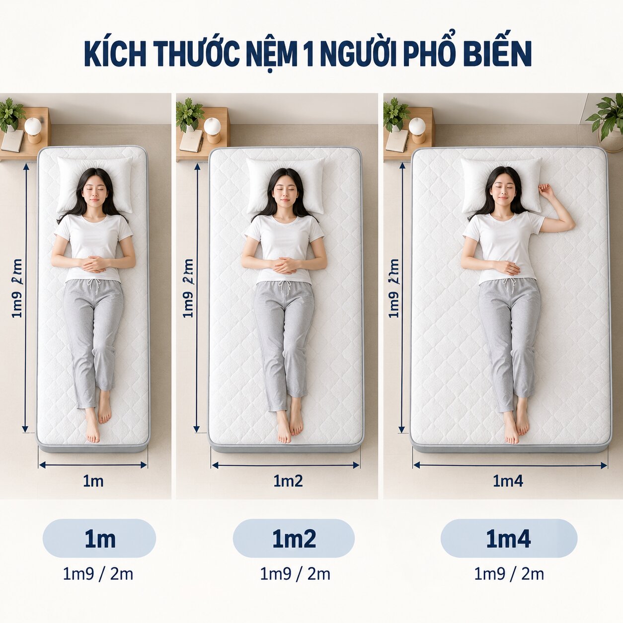 Kích thước nệm 1 người 1m, 1m2 và 1m4