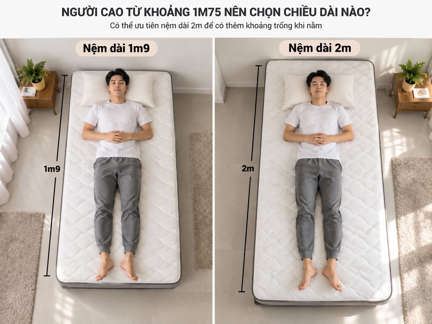 So sánh chiều dài nệm 1m9 và 2m cho một người