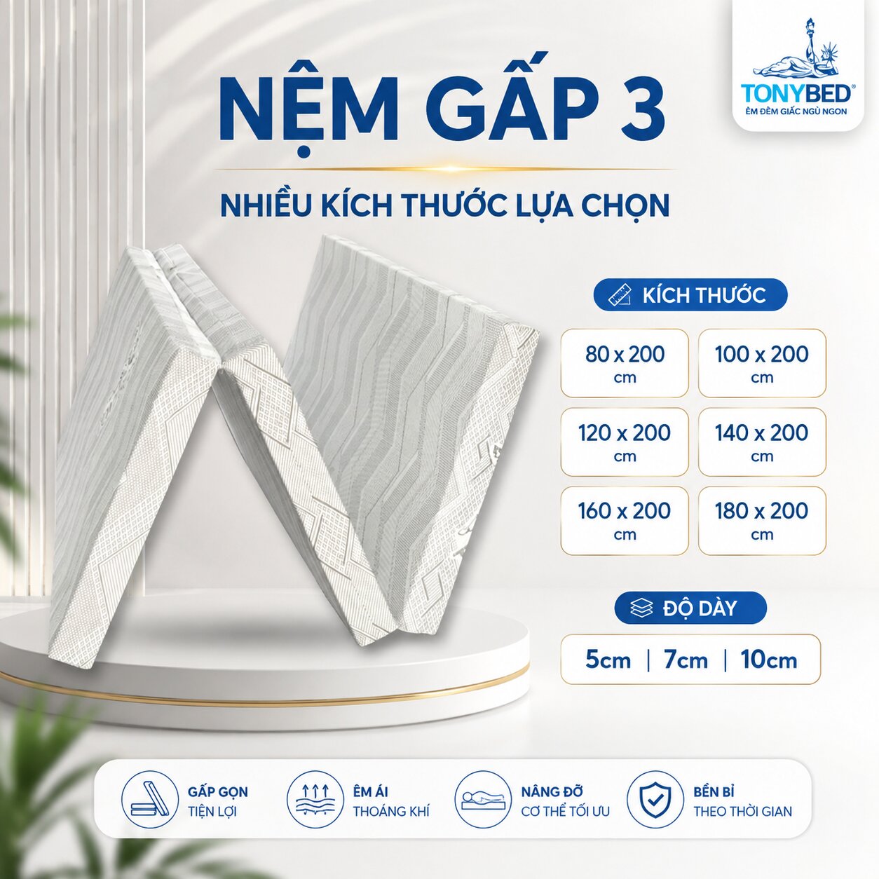nệm gấp 3 nhiều kích thước