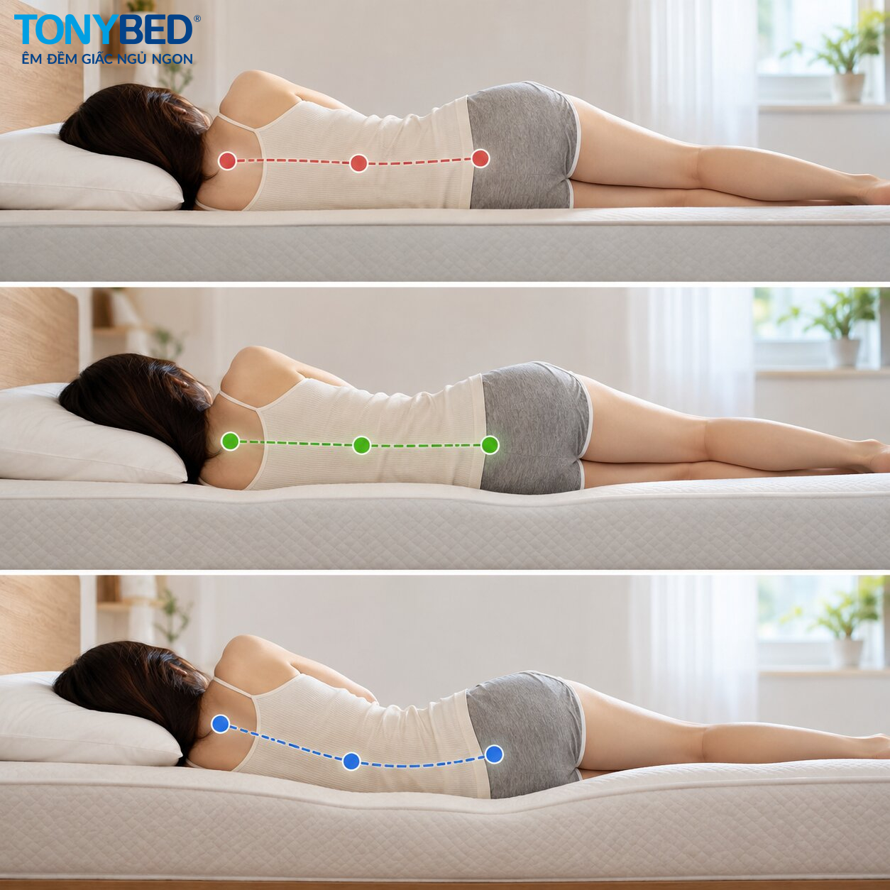So sánh độ lún khi người ngủ nghiêng nằm trên nệm quá cứng, vừa phải và quá mềm