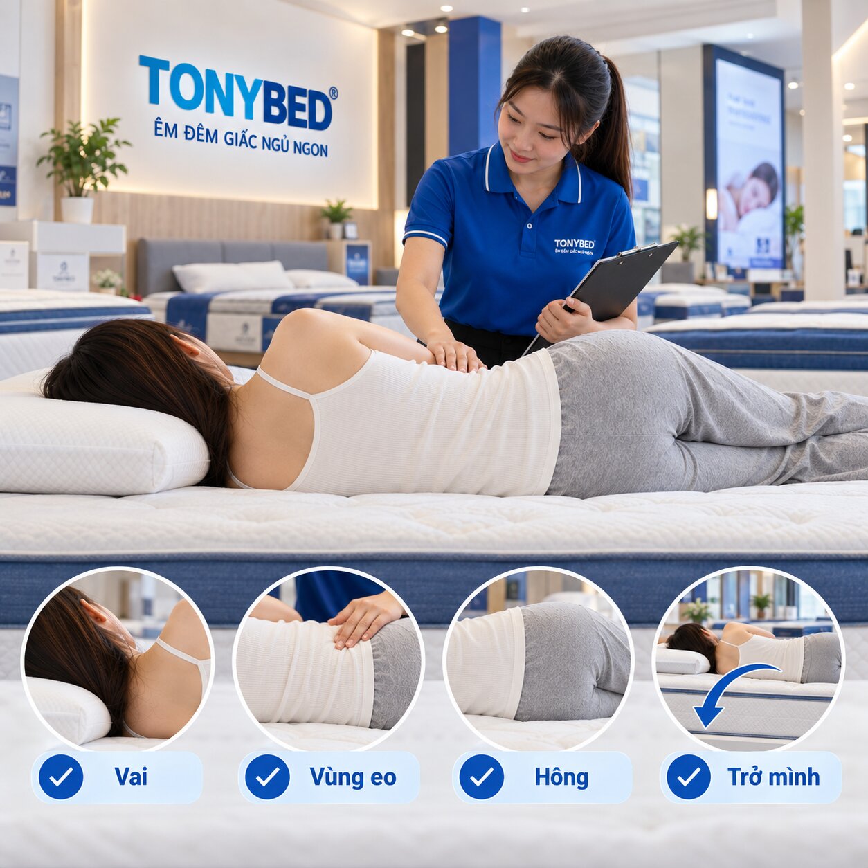 Khách hàng nằm thử nệm ở tư thế nằm nghiêng để kiểm tra vai và hông