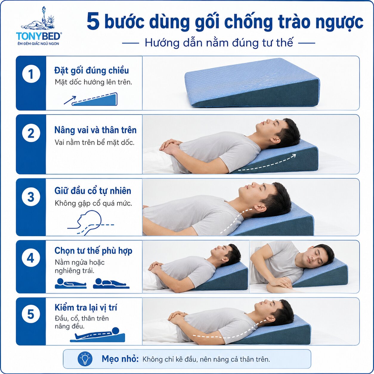 5 bước sử dụng gối chống trào ngược