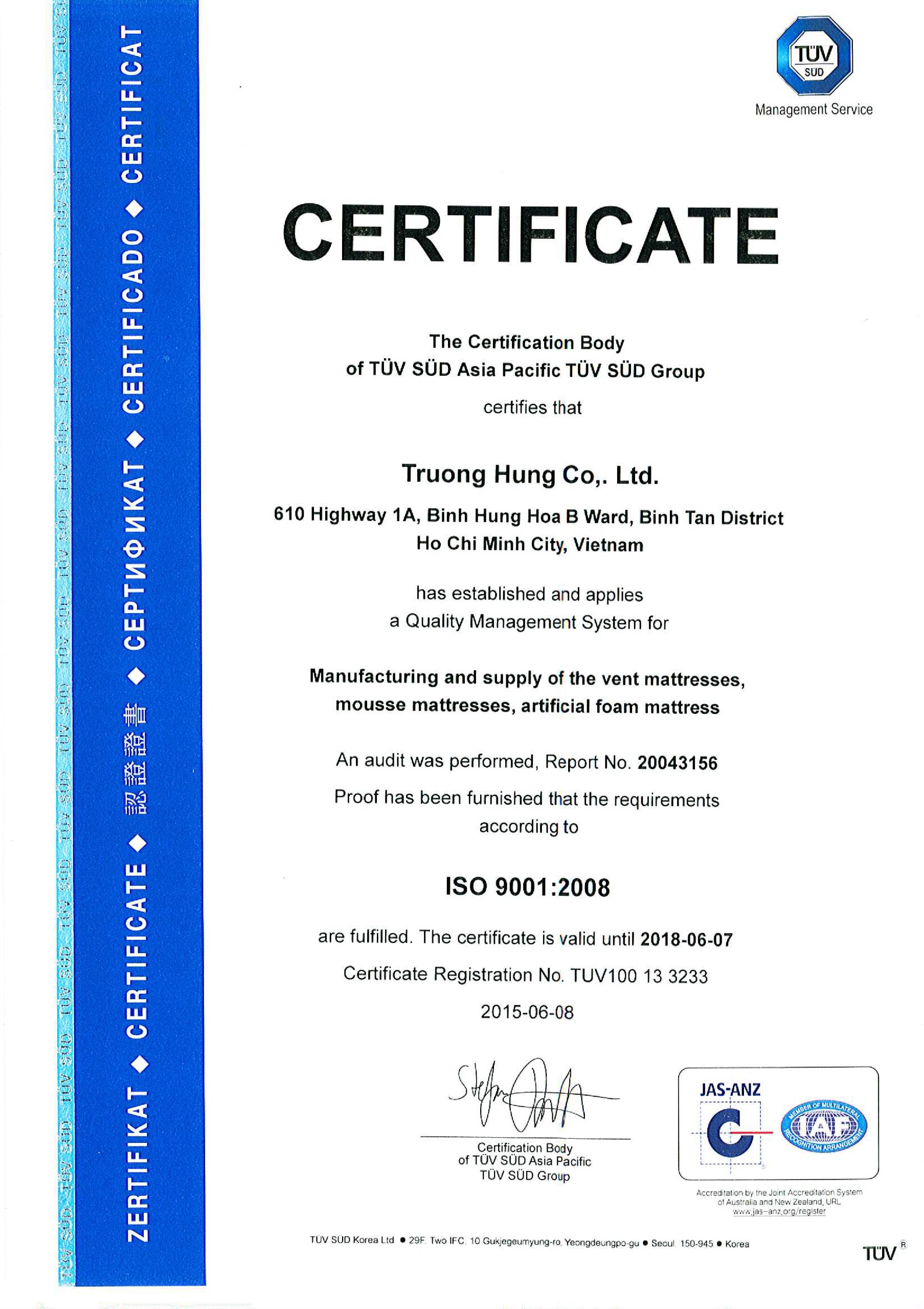 Chứng nhận ISO 9001:2008 do TÜV SÜD cấp