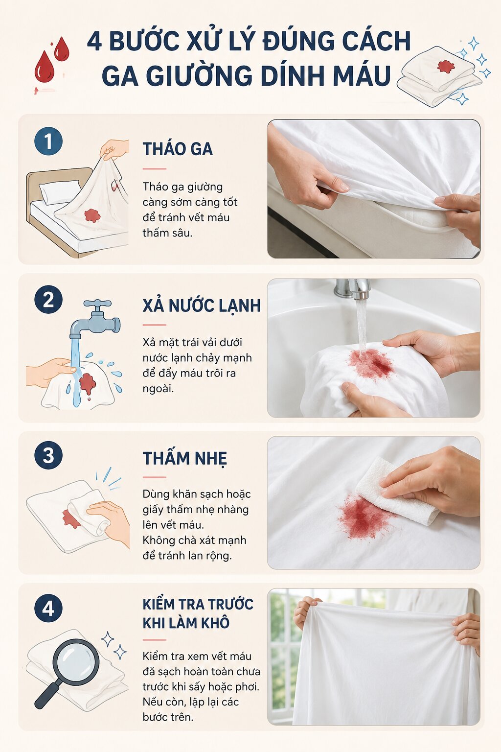 Các bước xử lý vết máu mới trên ga giường