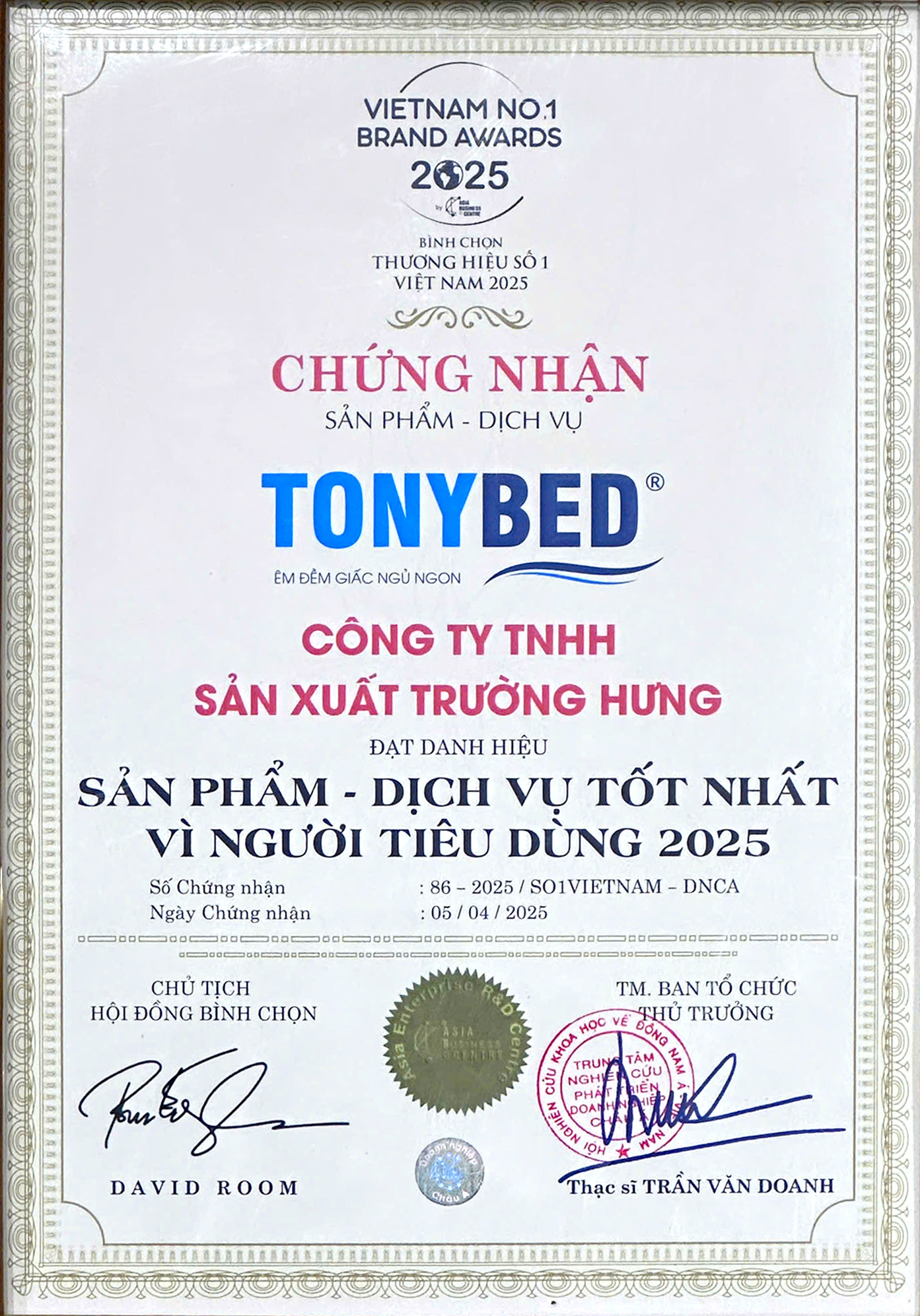 Chứng nhận Tonybed sản phẩm dịch vụ tốt nhất vì người tiêu dùng 2025