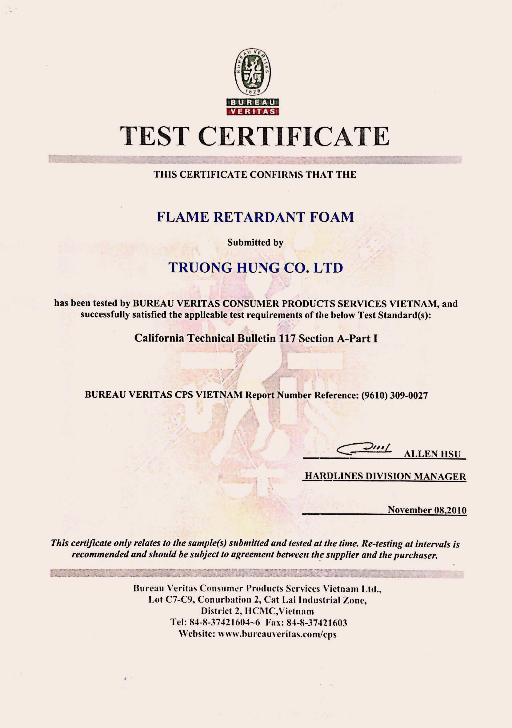 Chứng nhận thử nghiệm Flame Retardant Foam của Trường Hưng tại Bureau Veritas