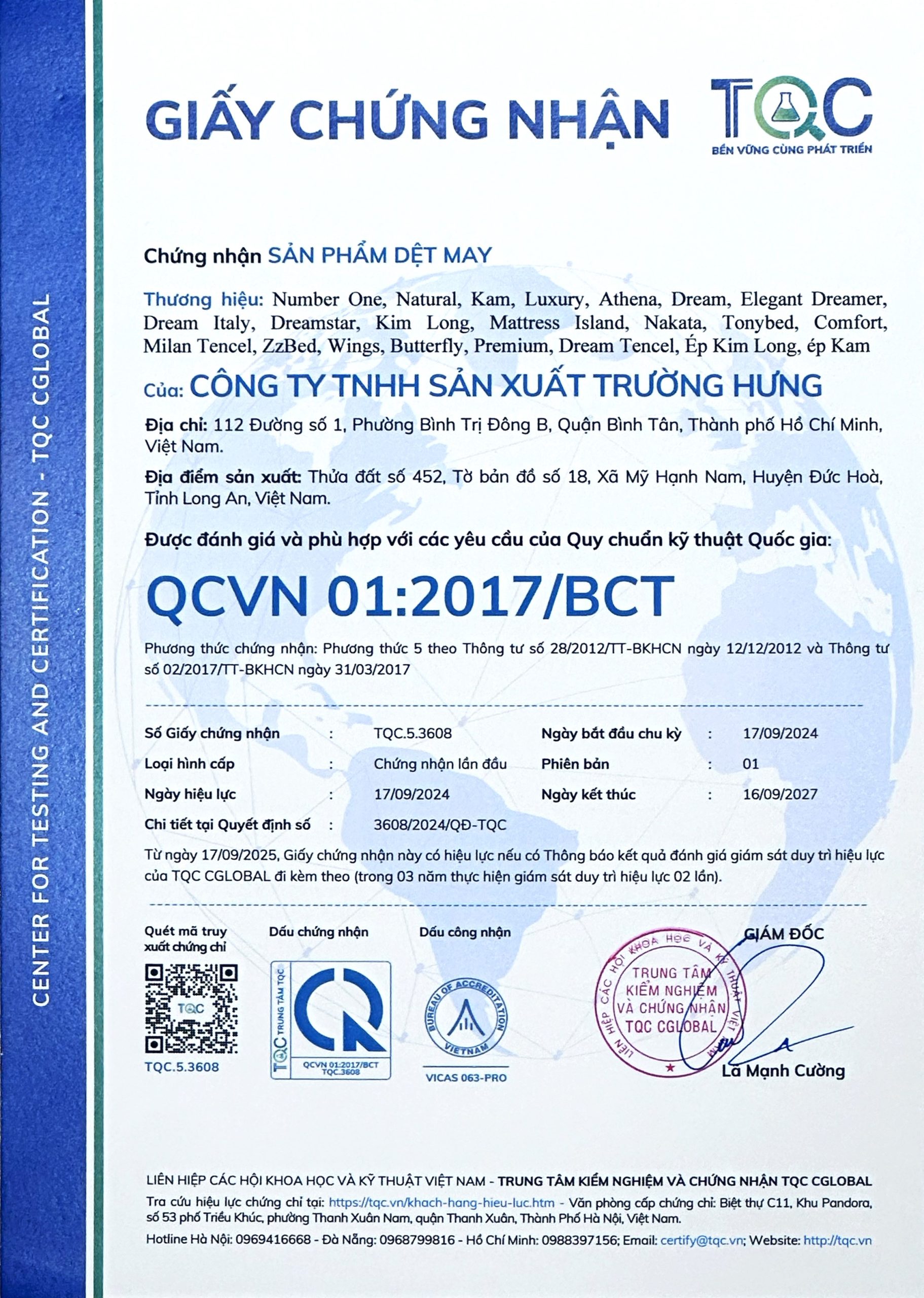 Chứng nhận QCVN 01:2017/BCT sản phẩm dệt may