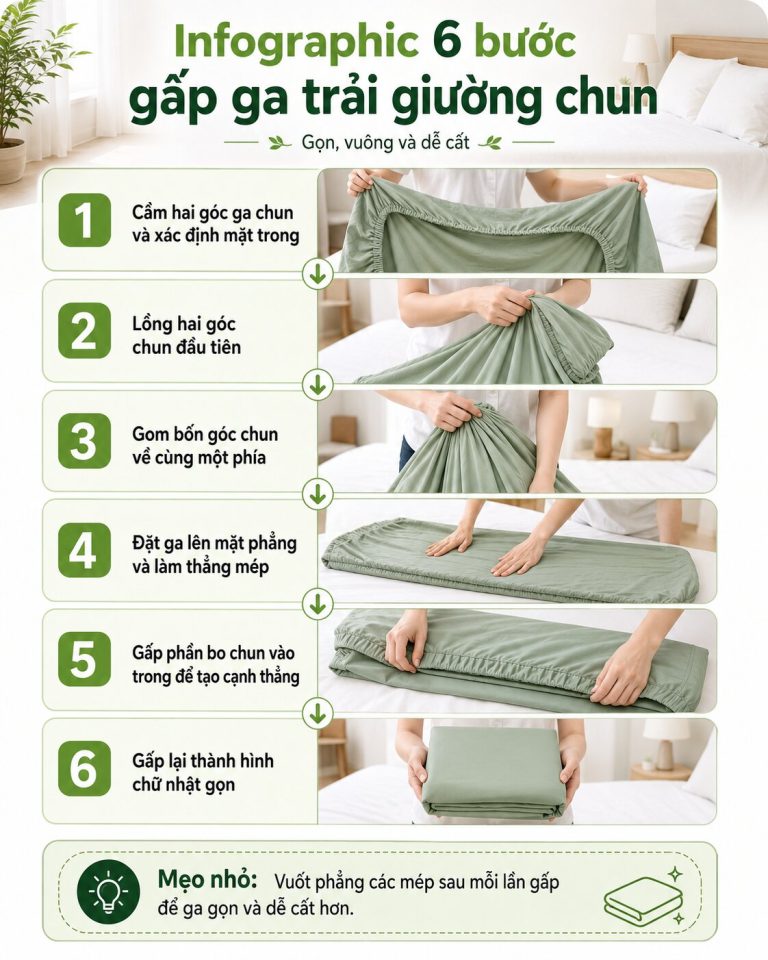 Infographic 6 bước gấp ga trải giường chun