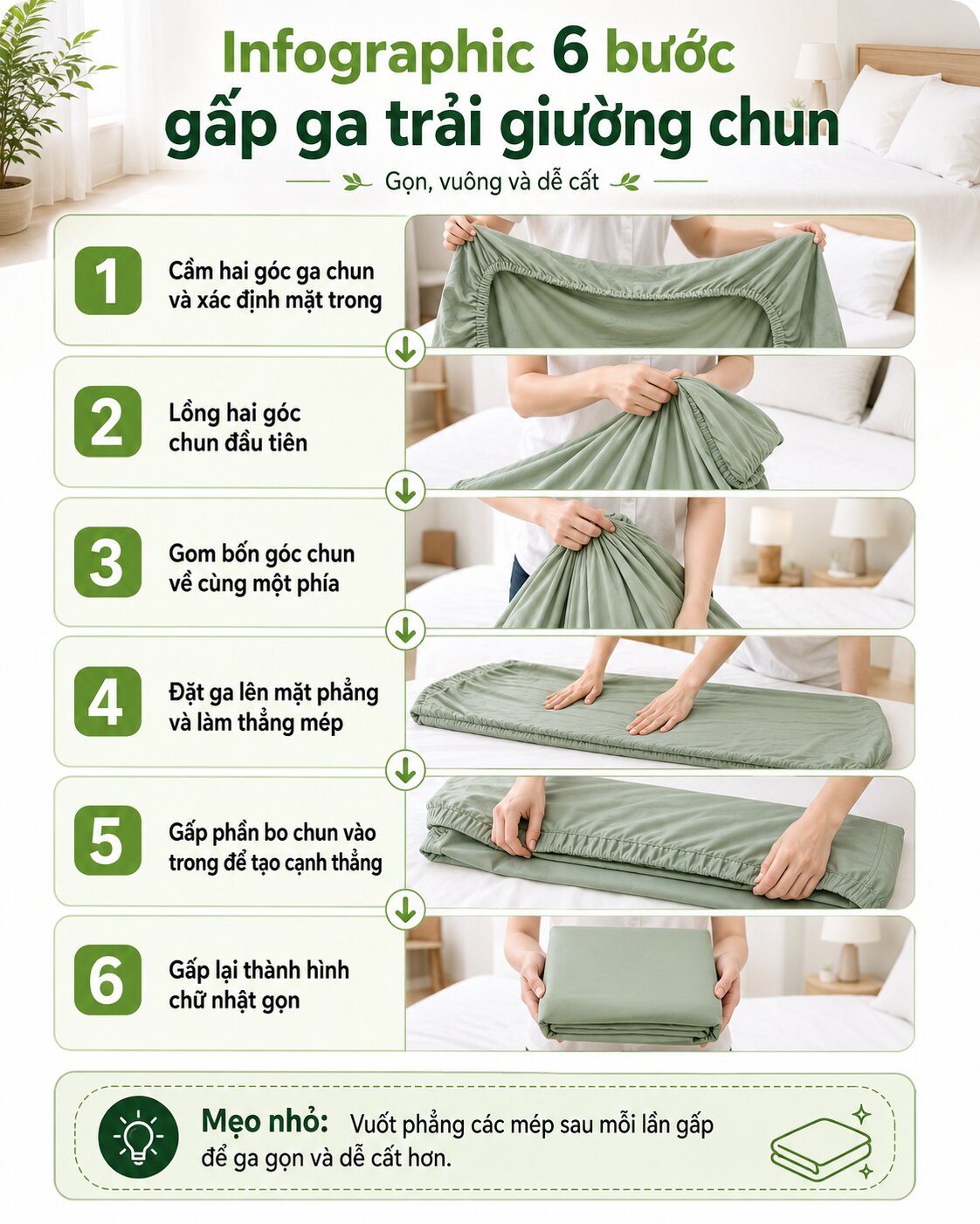 Infographic 6 bước gấp ga trải giường chun