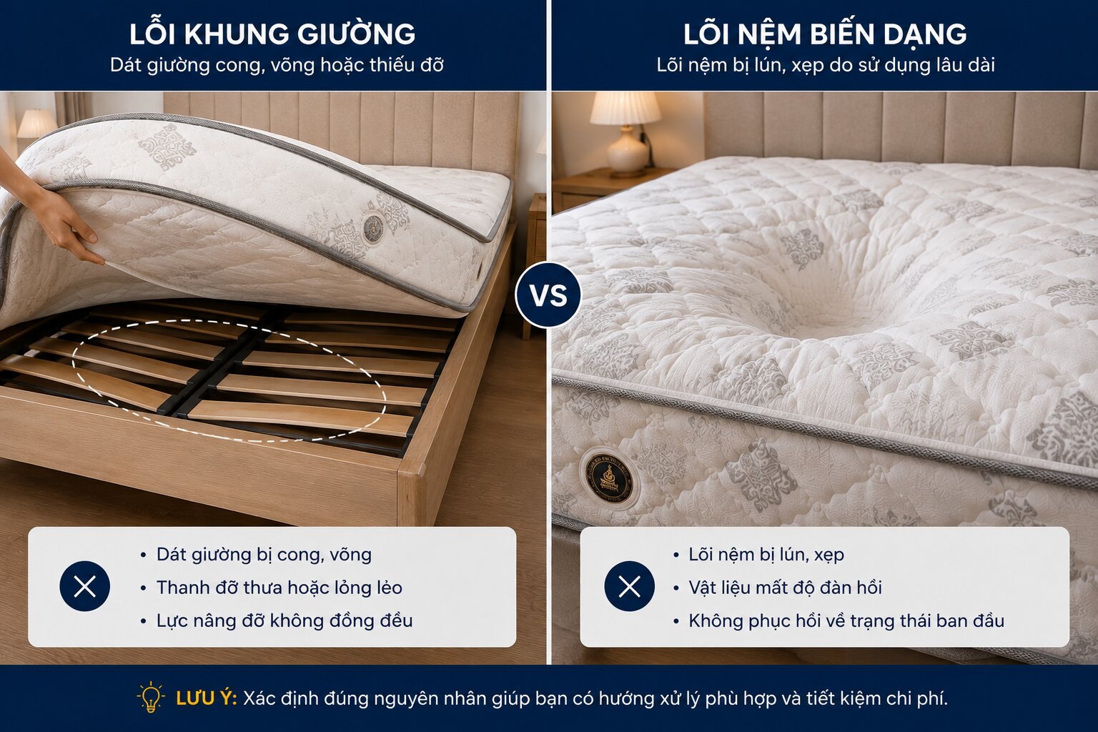 Phân biệt nệm lún do khung giường và lõi nệm biến dạng