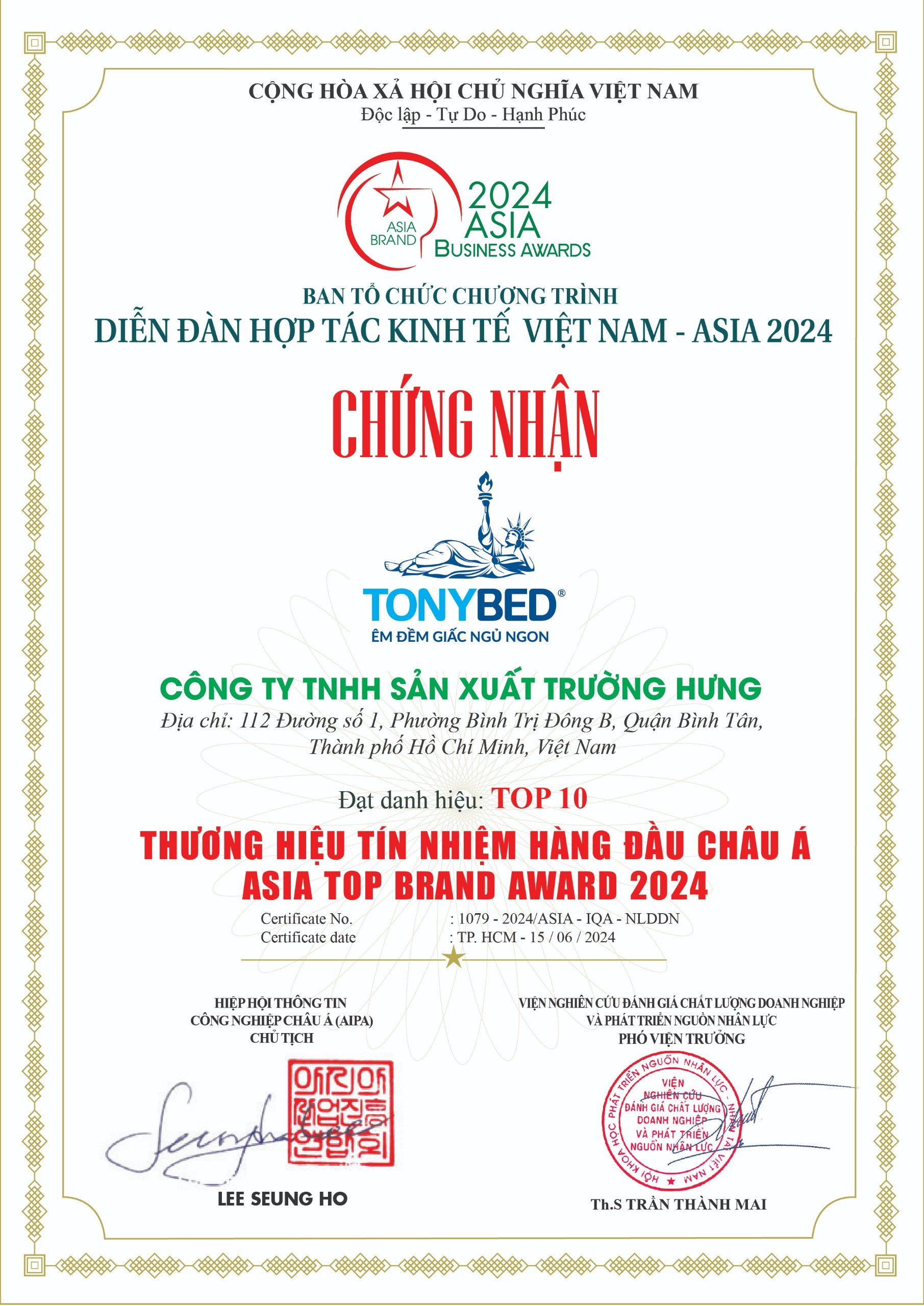 Chứng nhận Tonybed đạt Top 10 Thương hiệu Uy tín Hàng đầu Châu Á 2024