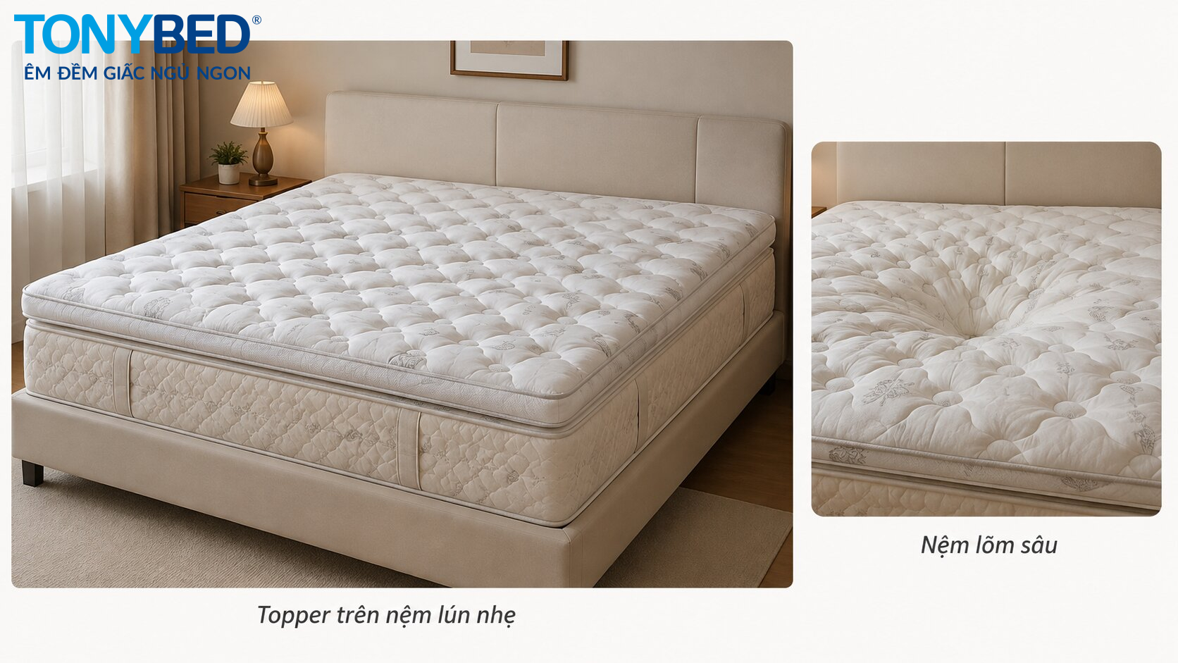 Topper trên nệm lún nhẹ và nệm bị lõm sâu