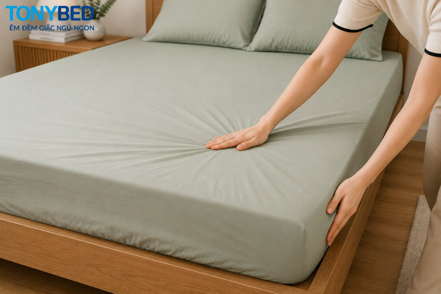 Vuốt ga giường từ giữa ra mép để làm phẳng