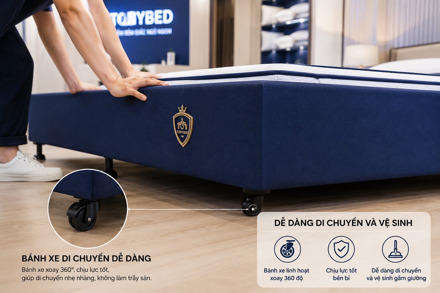 bánh xe hỗ trợ di chuyển trên giường Divan Tonybed