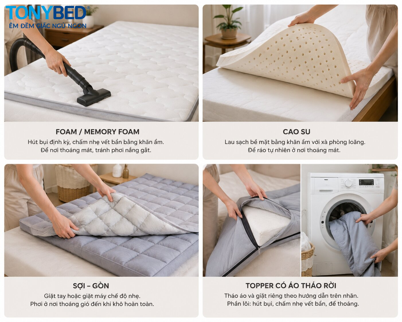 cách vệ sinh topper theo từng vật liệu