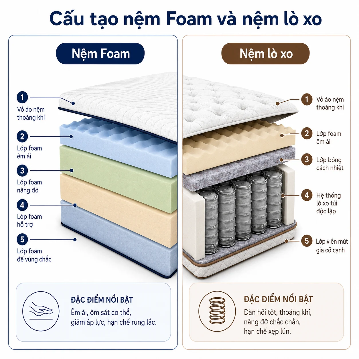 cấu tạo nệm foam và nệm lò xo