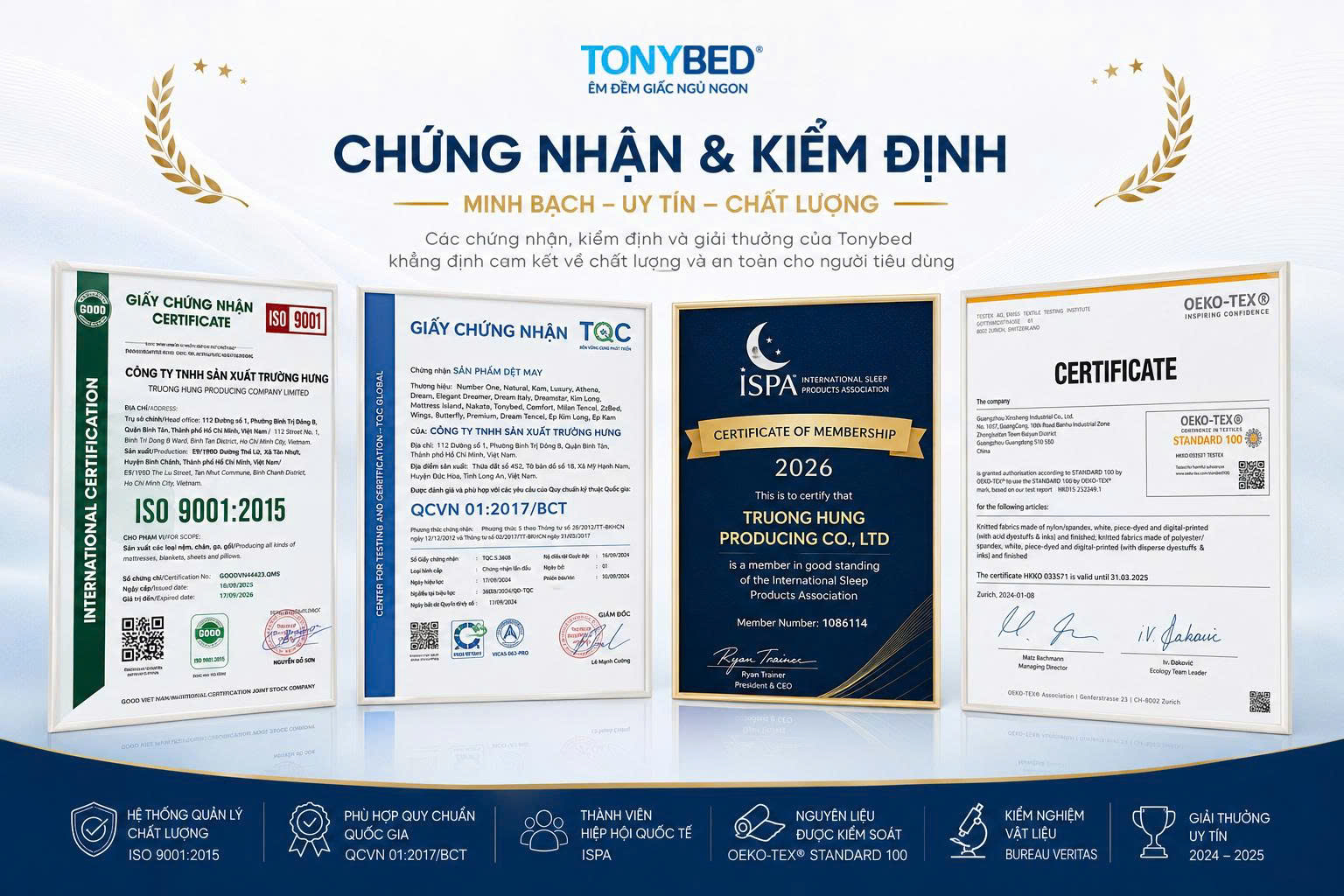 Chứng nhận ISO 9001:2015 và OEKO-TEX STANDARD 100 trong hồ sơ chất lượng Tonybed