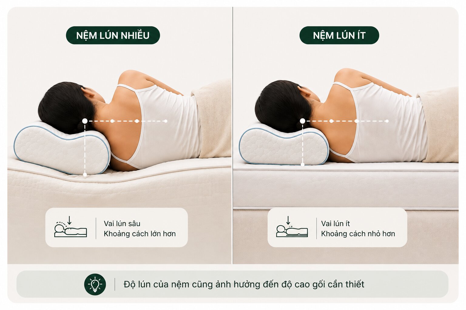 độ lún nệm ảnh hưởng chiều cao gối