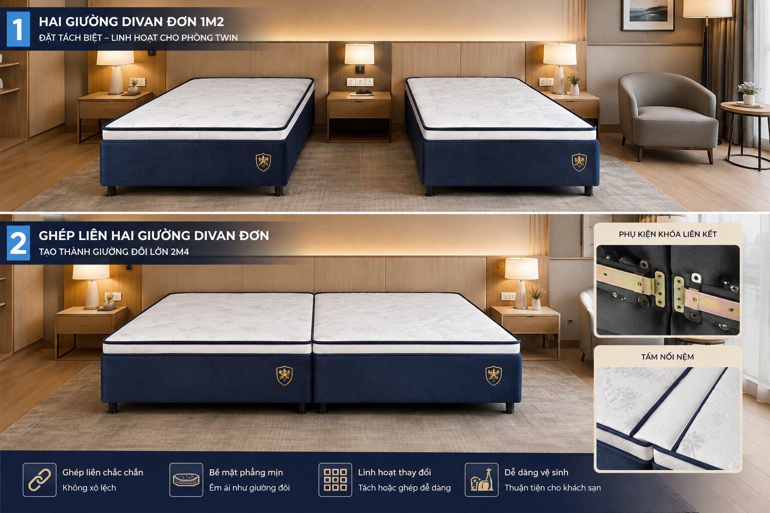 chuyển đổi linh hoạt giữa phòng twin và phòng double nhờ hệ giường divan