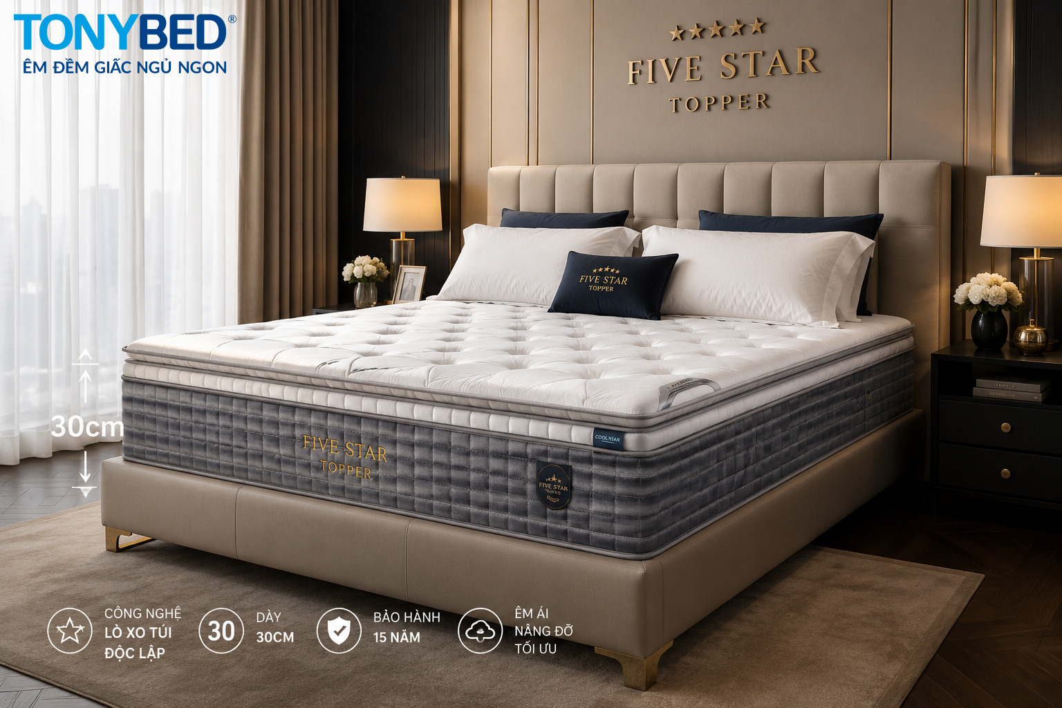 nệm lò xo túi five star topper êm ái sang trọng