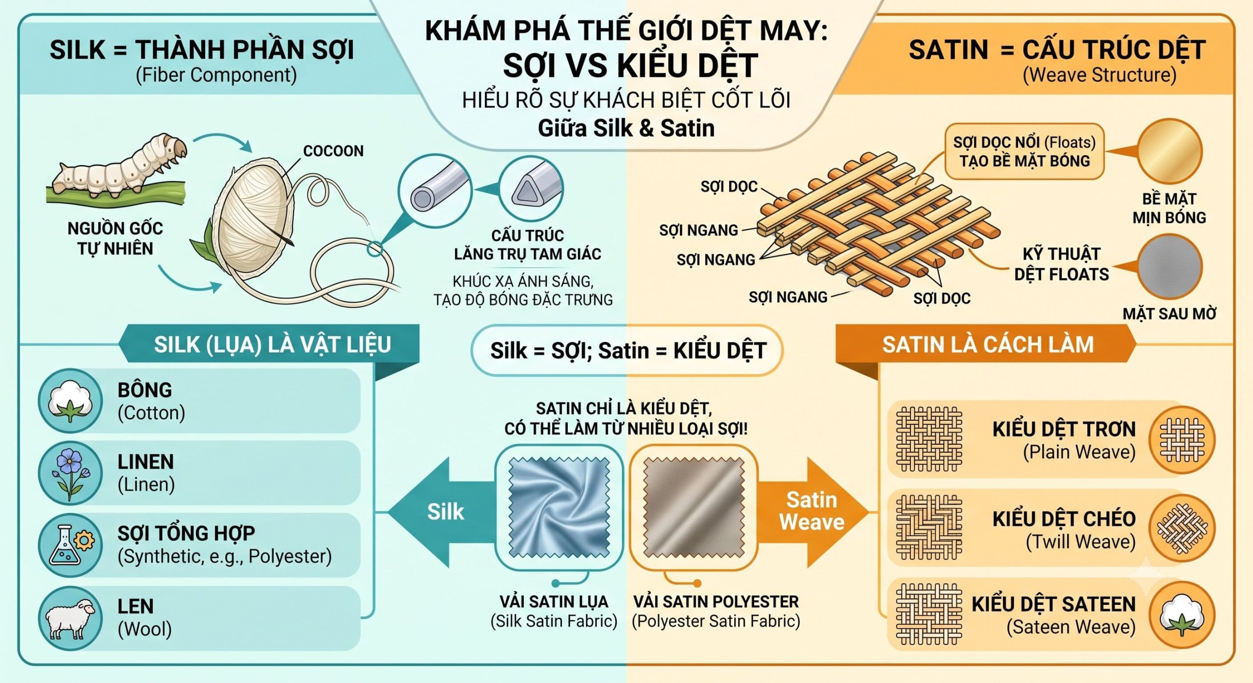 phân biệt lụa tơ tằm và satin
