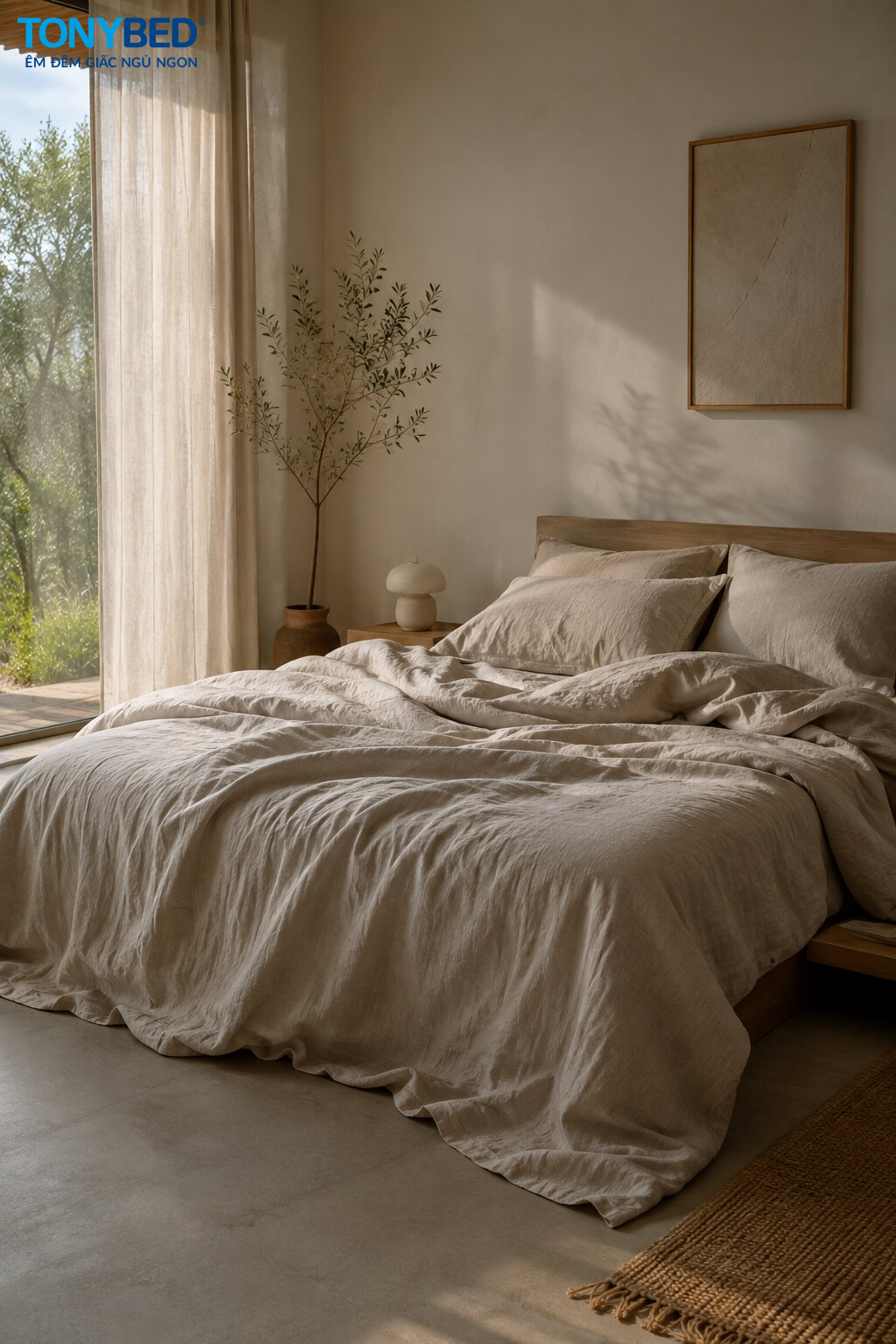 phòng ngủ sử dụng ga giường Linen phong cách tối giản
