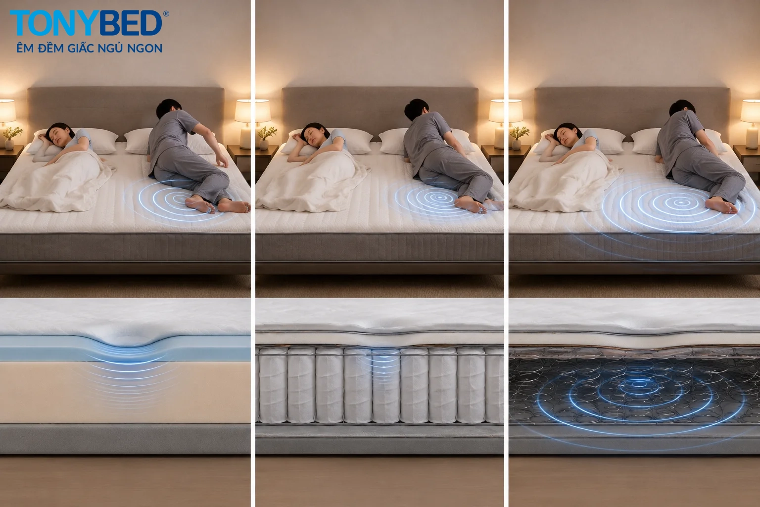so sánh khả năng cách ly chuyển động foam lò xo túi và lò xo liên kết