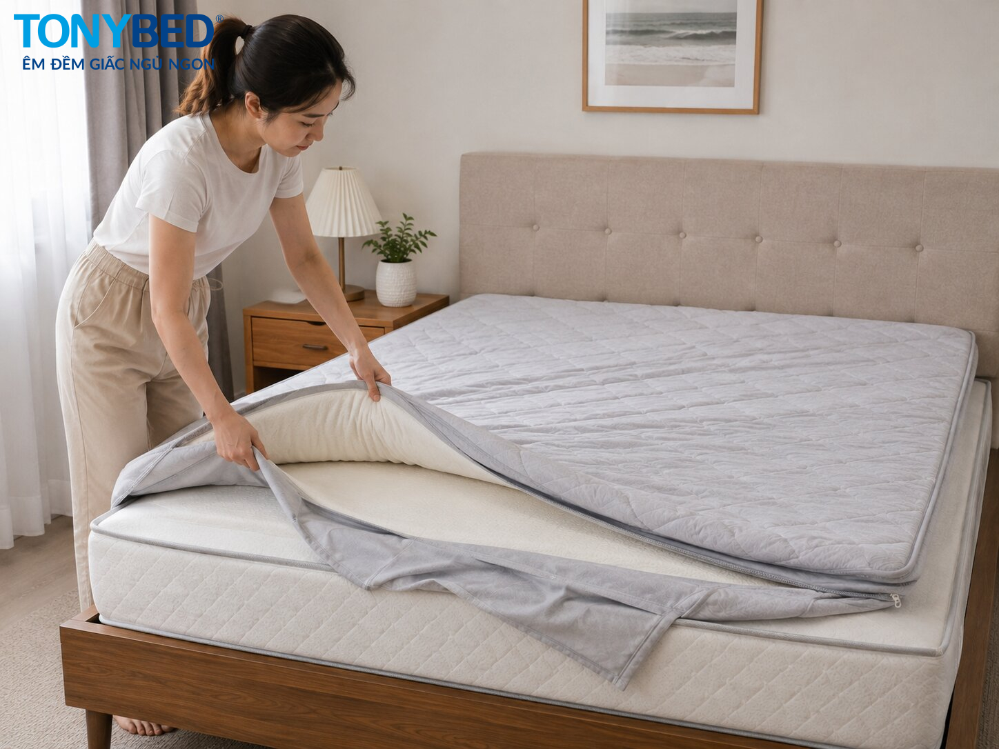 tháo áo bọc topper trước khi vệ sinh