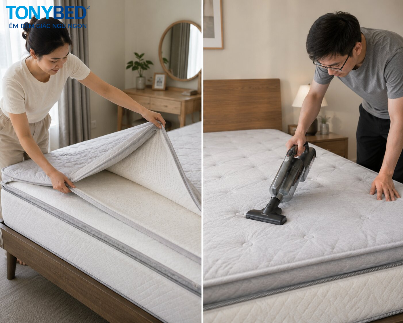 vệ sinh và tháo áo bọc nệm topper