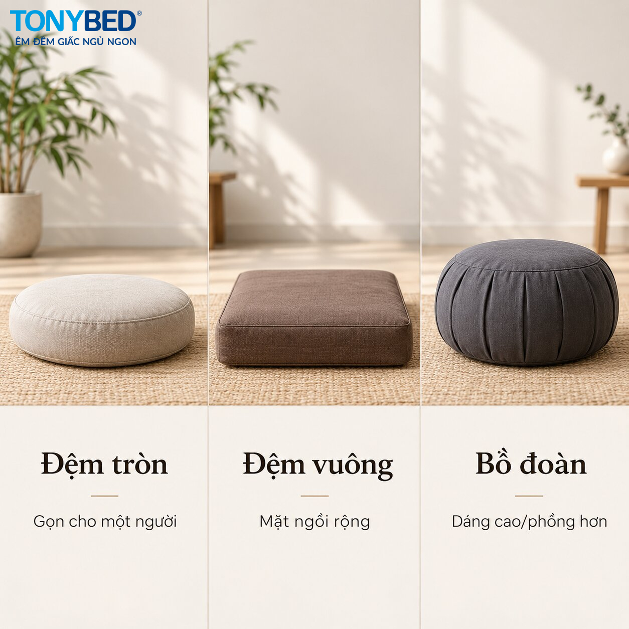 Các loại đệm ngồi thiền tròn vuông và bồ đoàn