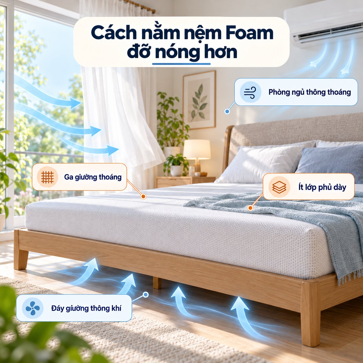 Cách nằm nệm Foam đỡ nóng bằng ga thoáng và phòng ngủ thông khí