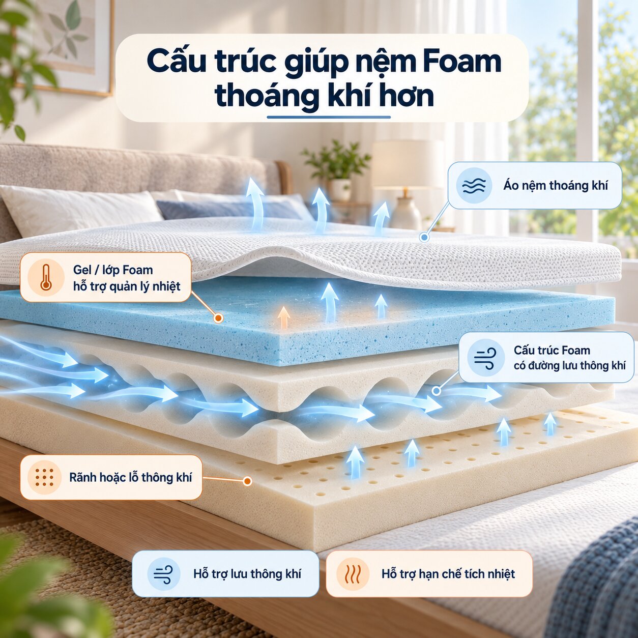 Cấu trúc Gel rãnh thông khí và áo nệm giúp nệm Foam thoáng hơn