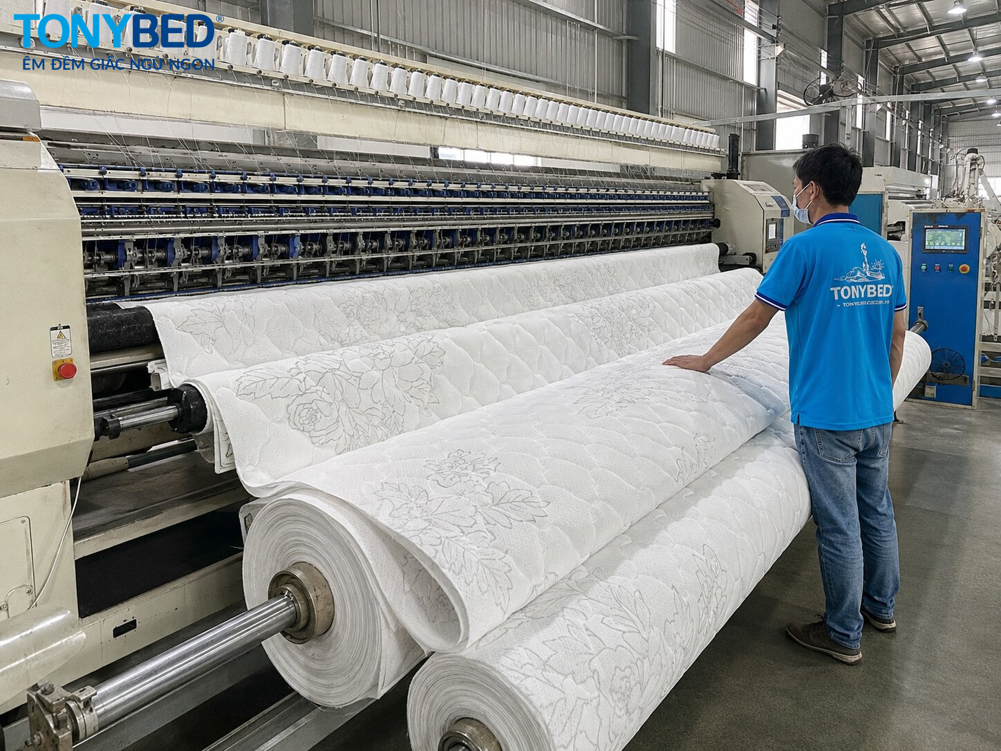 Chần vải áo trong quy trình sản xuất nệm lò xo Tonybed