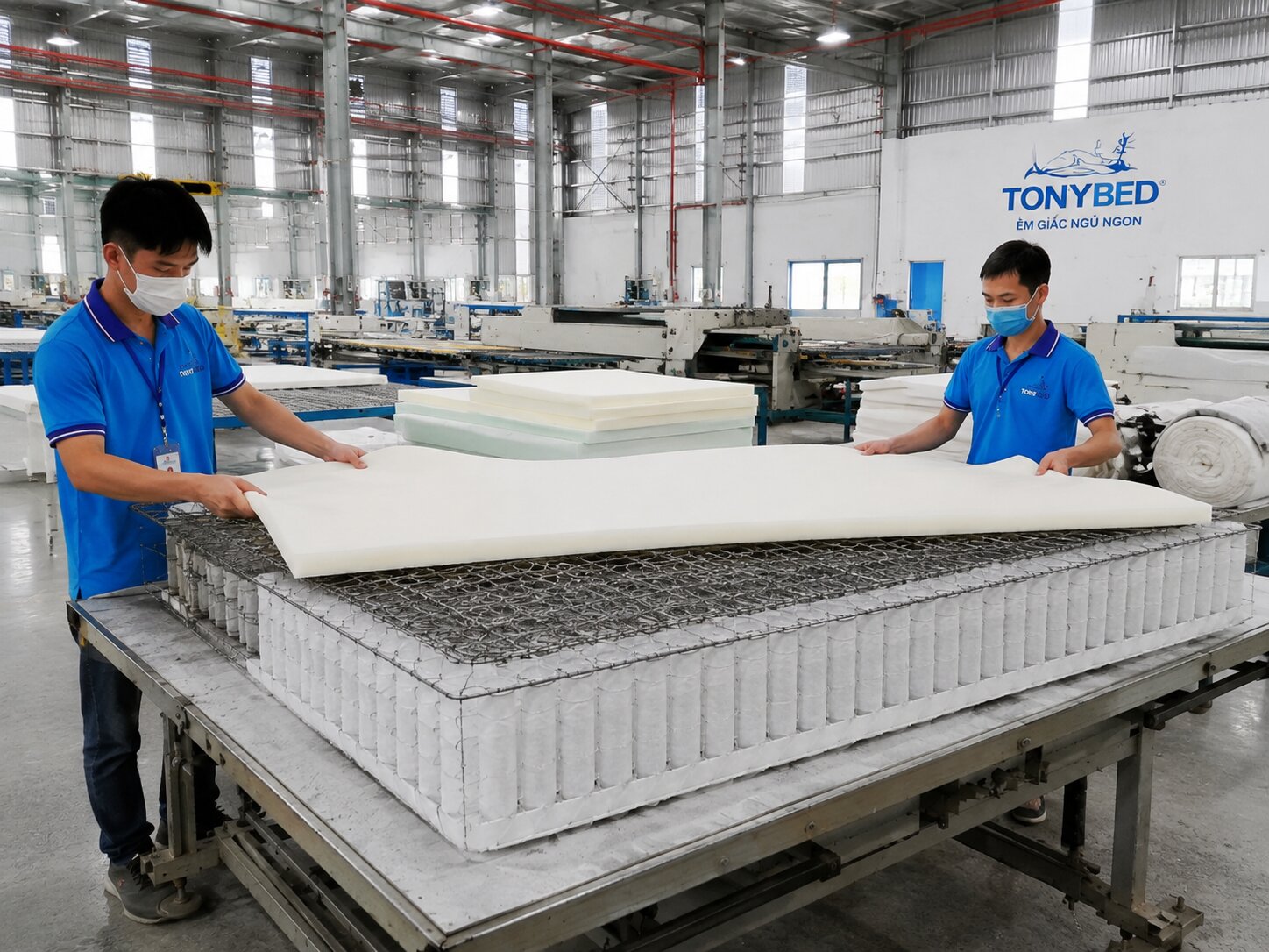 Lắp các lớp Foam lên hệ lò xo trong quá trình sản xuất nệm