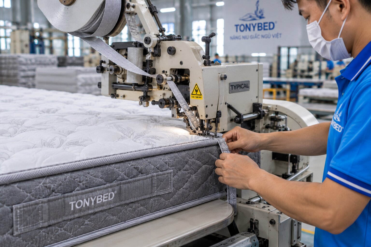 May viền hoàn thiện nệm lò xo tại nhà máy Tonybed