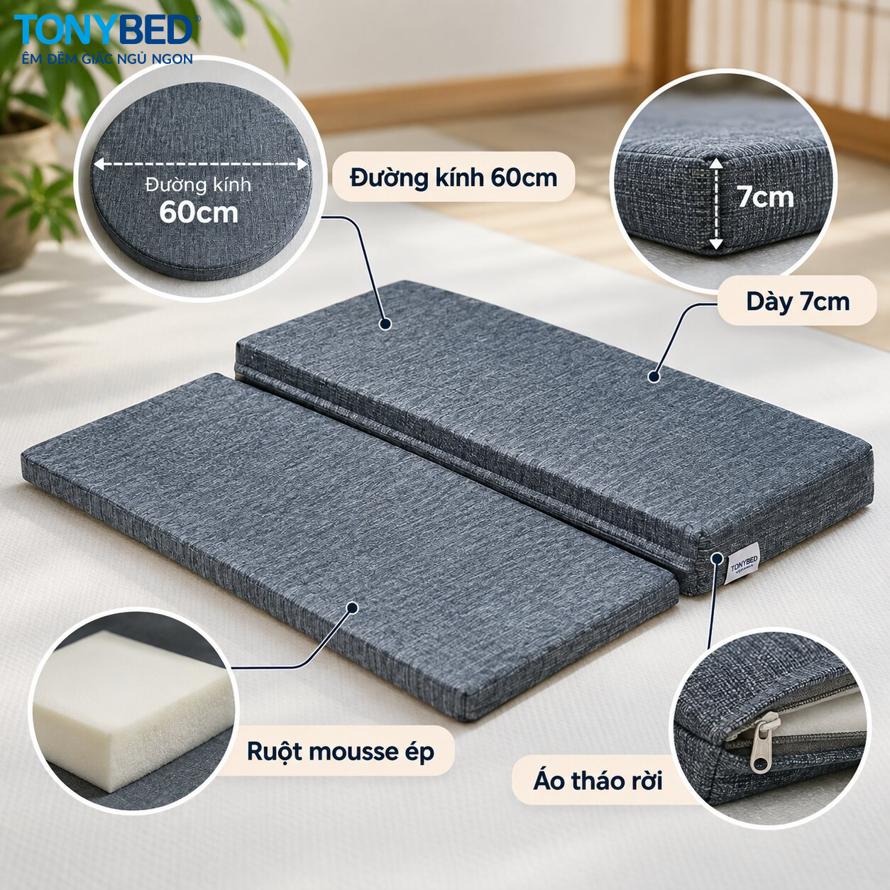Nệm ngồi thiền Tonybed 60cm dày 7cm