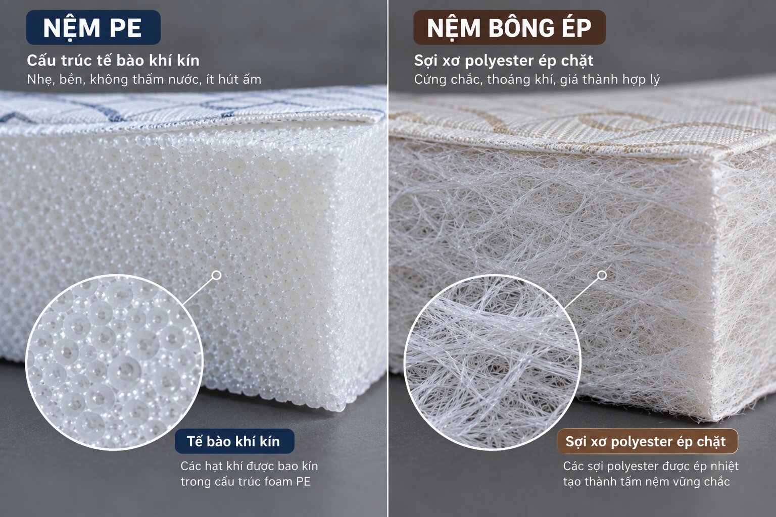 Phân biệt lõi nệm PE Foam và nệm bông ép