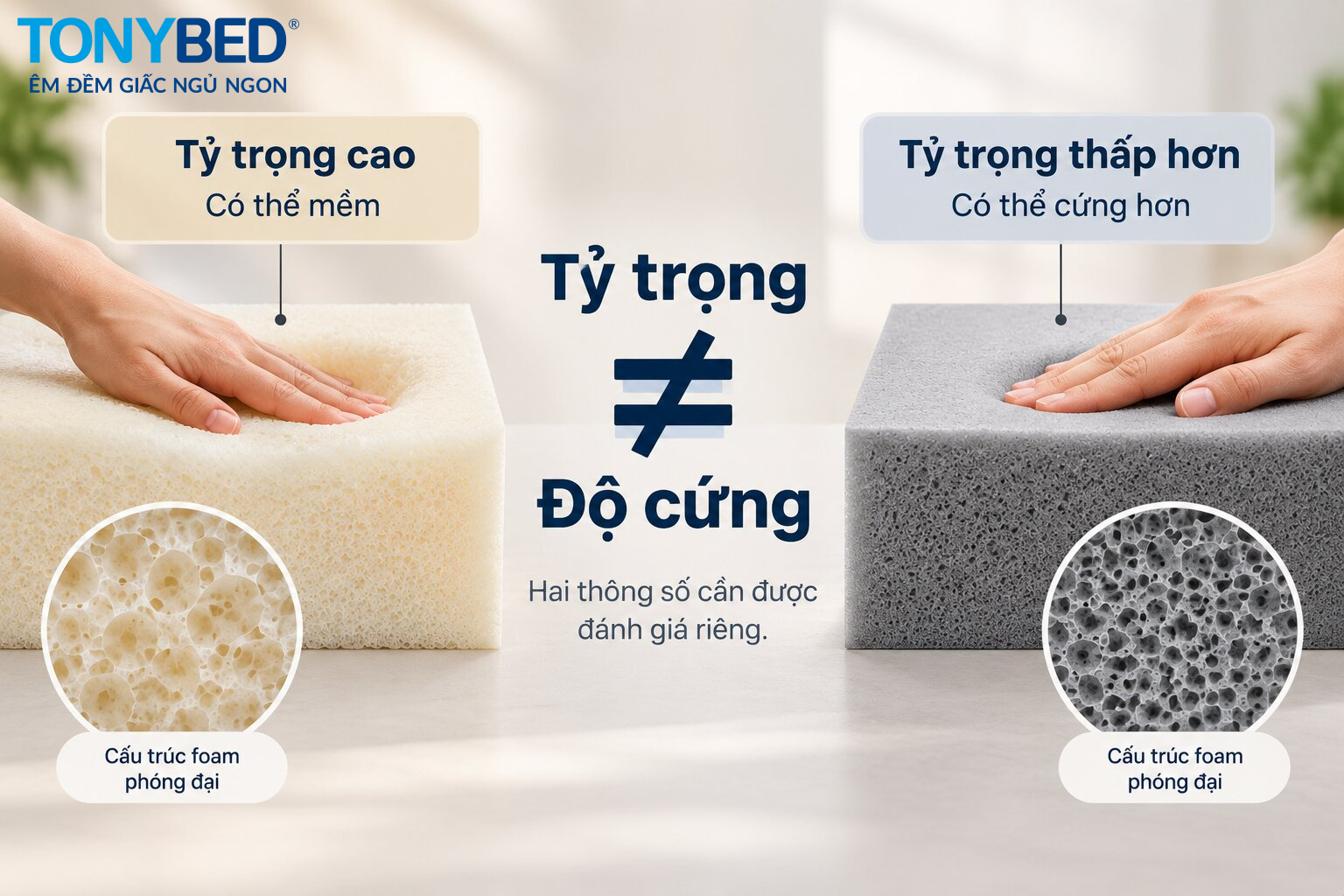 Tỷ trọng foam và độ cứng foam là hai thông số khác nhau