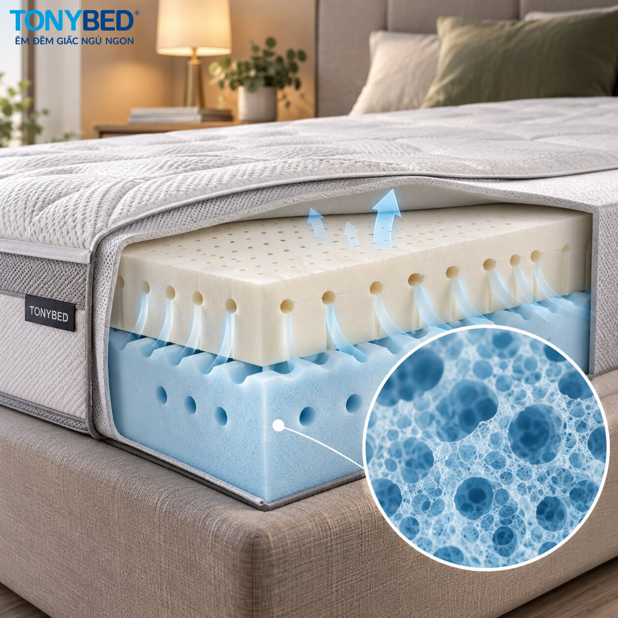 Cấu trúc lõi PU Foam Tonybed với hệ thống lỗ thông hơi tản nhiệt